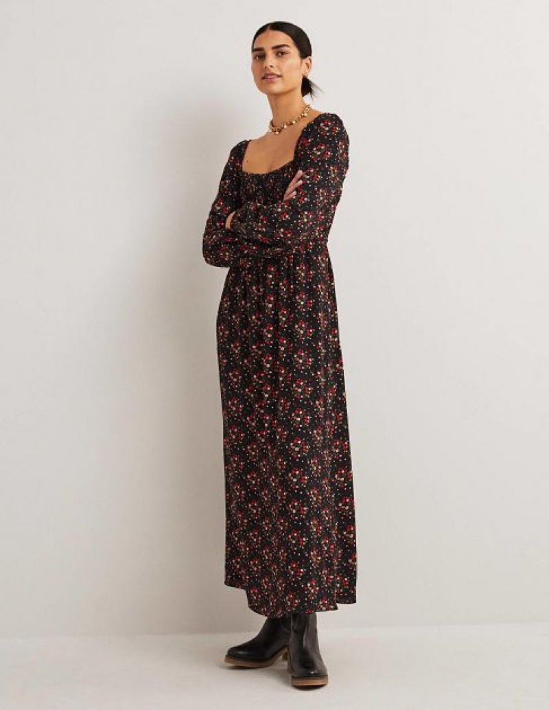 Black Women\'s Boden Square Neck Smocked Maxi Dress | 73802JCBL