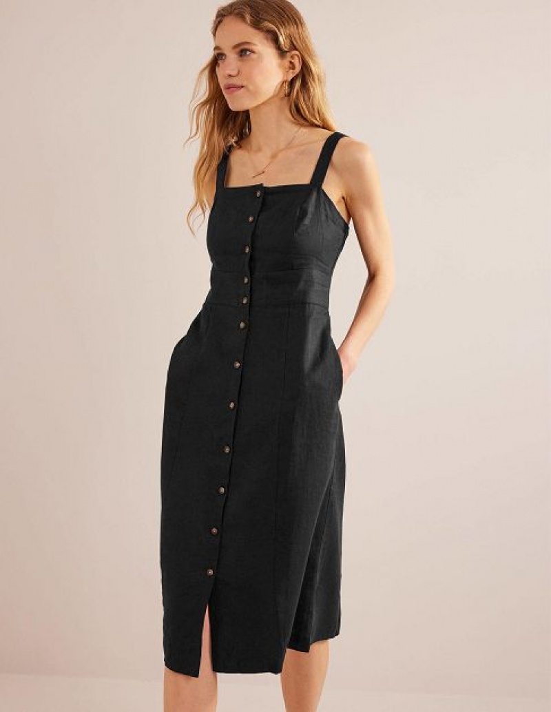 Black Women's Boden Strappy Linen Midi Dress | 32758GLRX