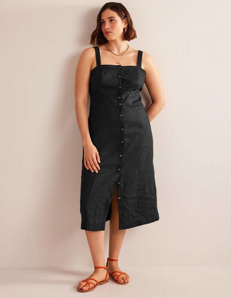 Black Women's Boden Strappy Linen Midi Dress | 32758GLRX