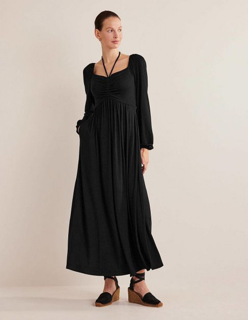 Black Women\'s Boden Tie Detail Jersey Maxi Dress | 68297ZKXL