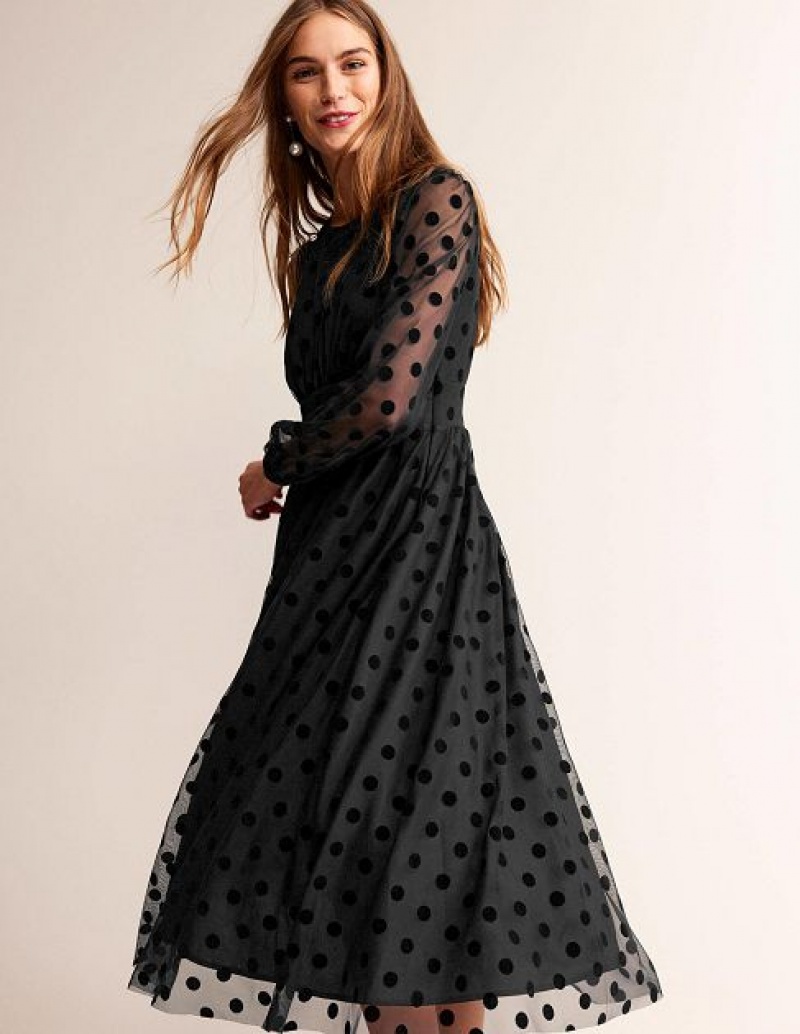 Black Women\'s Boden Tulle Spot Midi Dress | 56430YAIC