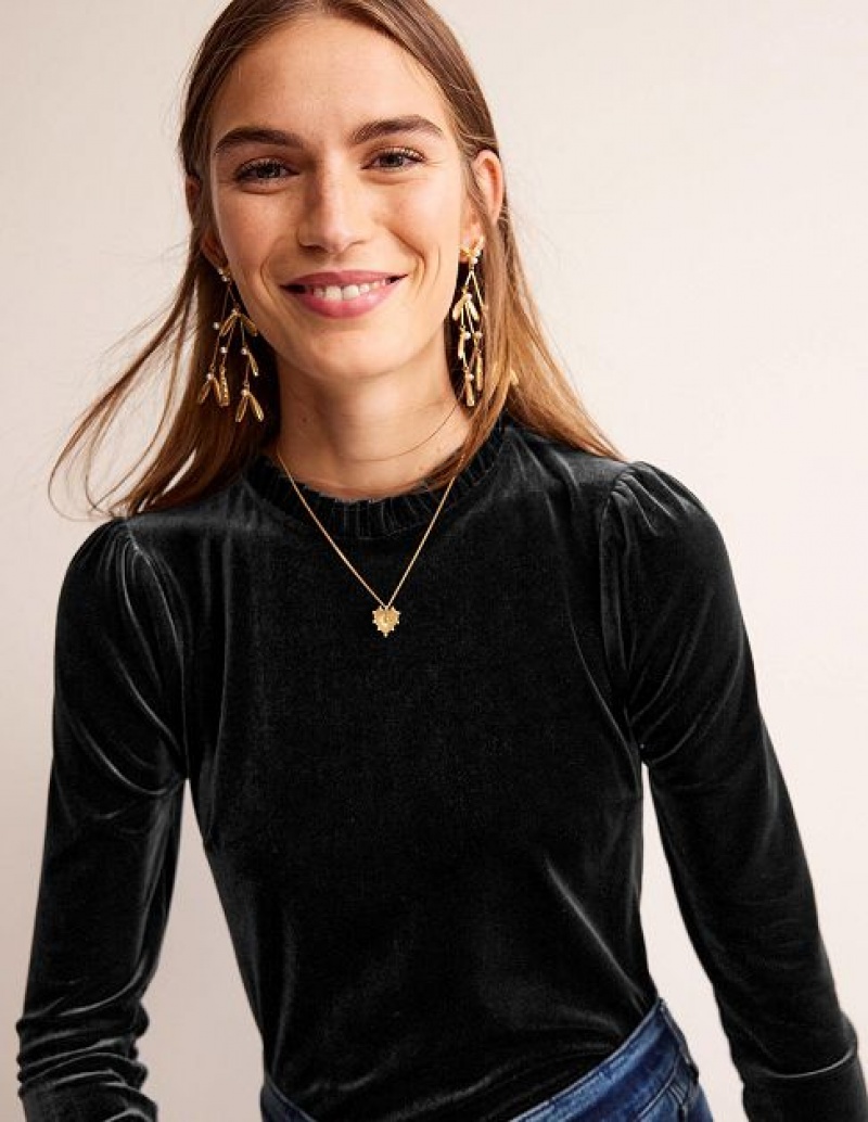 Black Women's Boden Velvet Frill Detail Tops | 73821ZUIH