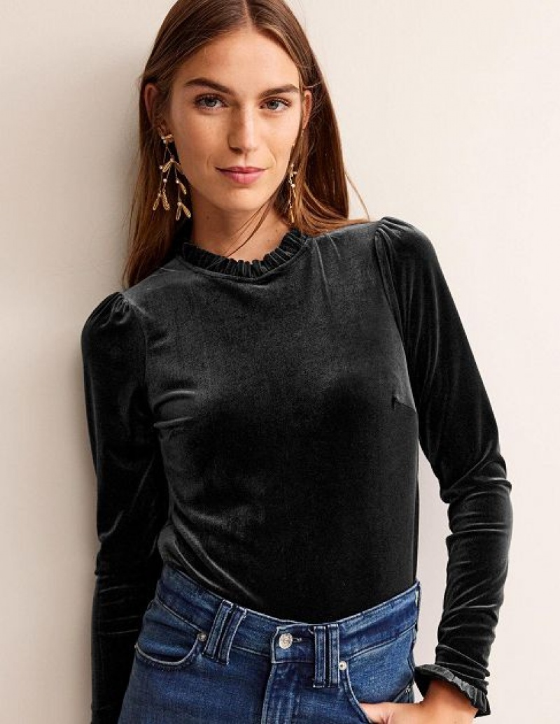 Black Women's Boden Velvet Frill Detail Tops | 73821ZUIH