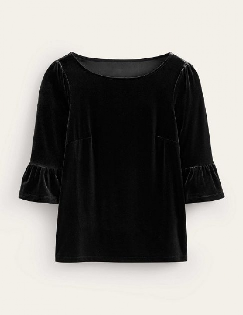 Black Women's Boden Velvet Ruffle Cuff Tops | 30289IOET