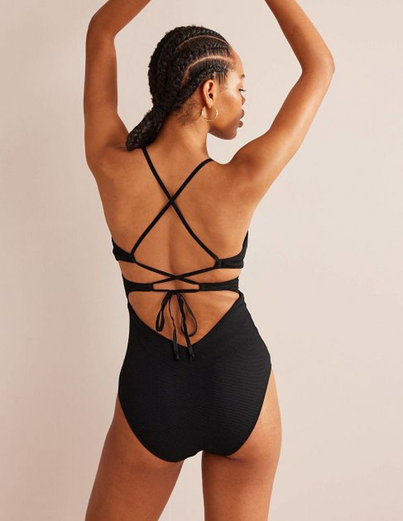 Black Women's Boden V-neck Cross Back Swimsuits | 52483YZST