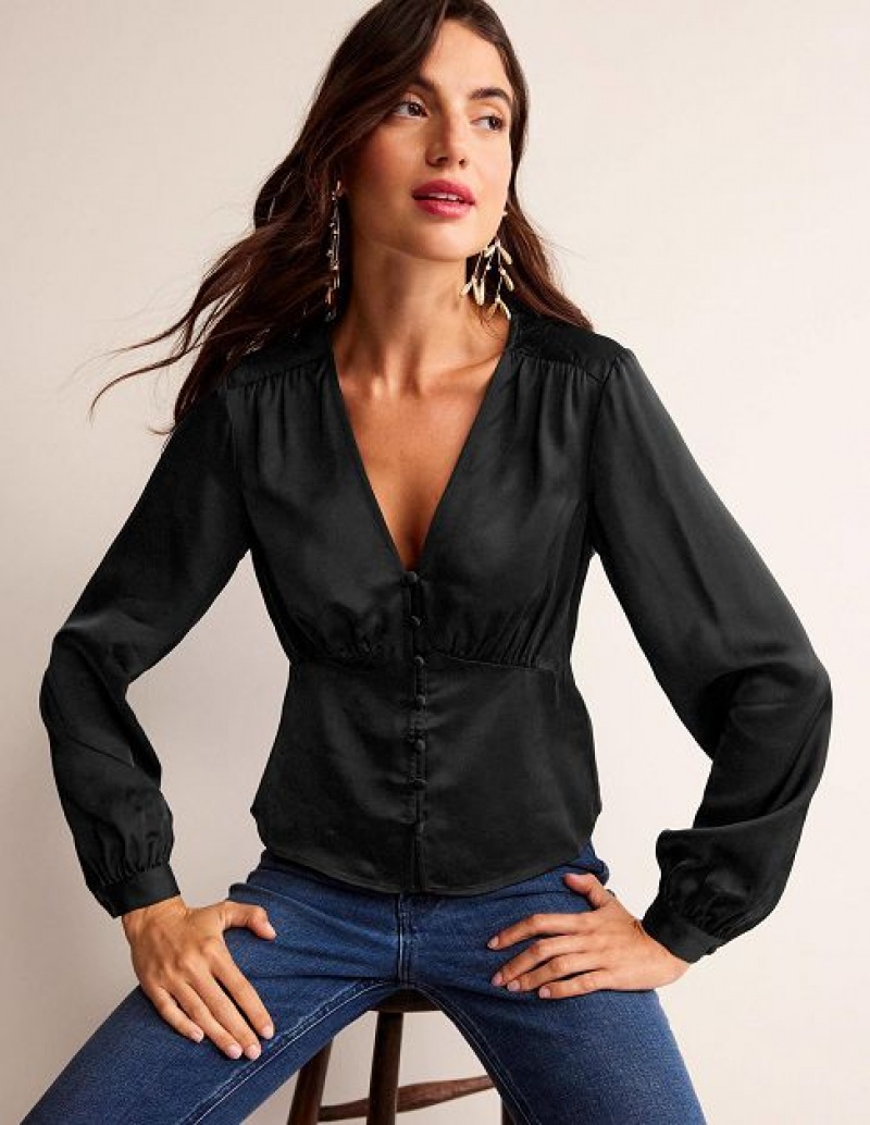 Black Women\'s Boden V-neck Rouleaux Button Tops | 81079MUPK