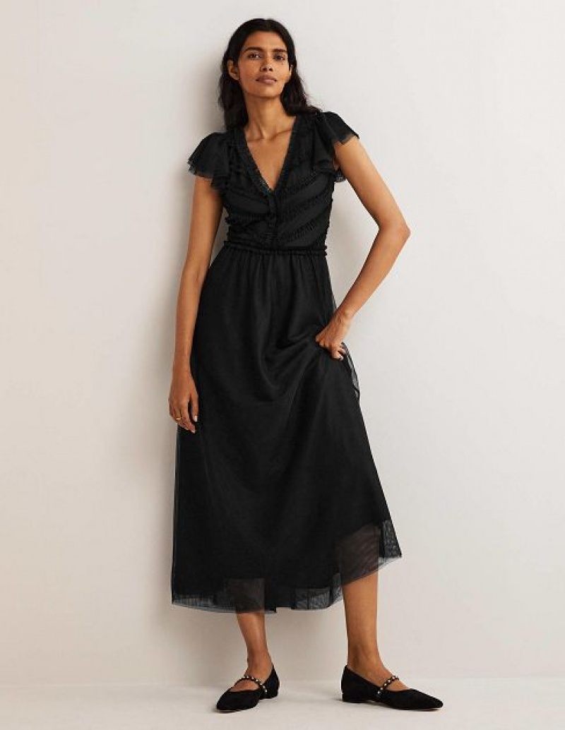 Black Women's Boden V-neck Tulle Maxi Dress | 50276XYJT