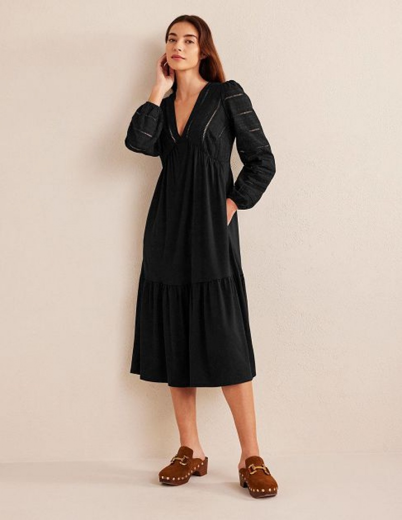 Black Women\'s Boden Woven Mix Jersey Midi Dress | 19435EXKQ