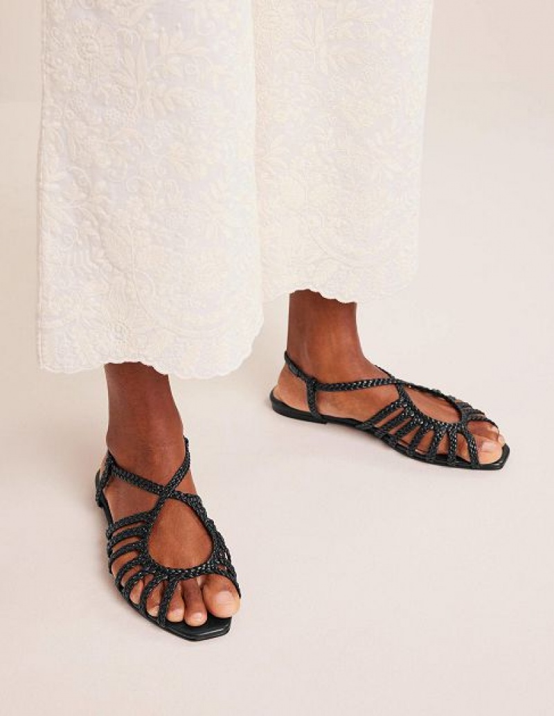 Black Women's Boden Woven Multistrap Flat Sandals | 68394NYVG