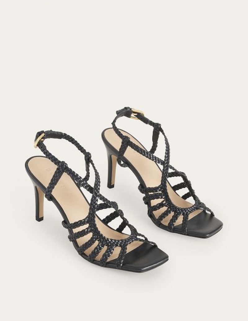 Black Women's Boden Woven Multistrap Heeled Sandals | 08546ADBZ