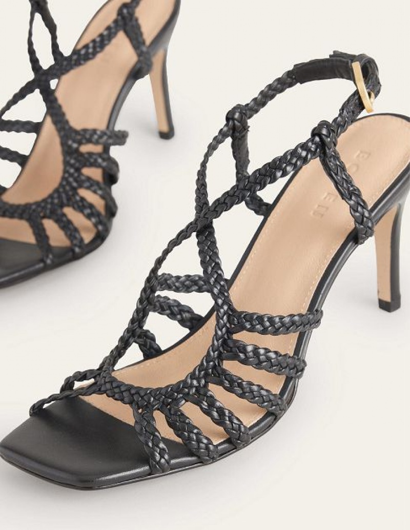 Black Women's Boden Woven Multistrap Heeled Sandals | 08546ADBZ