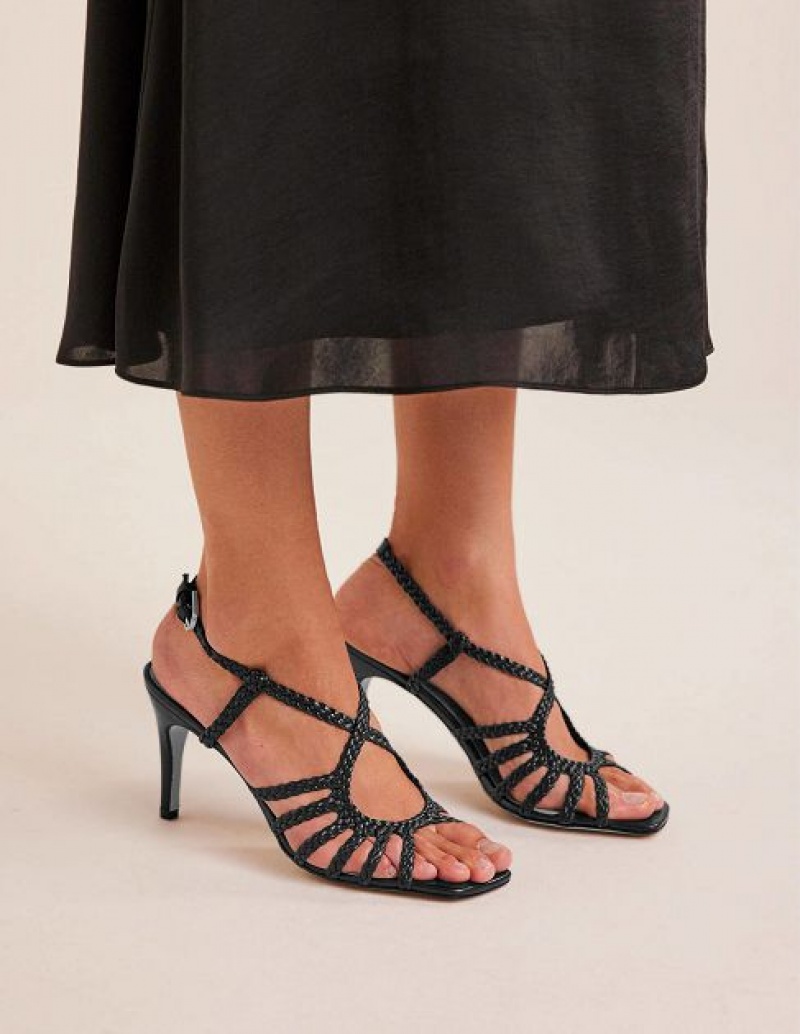 Black Women's Boden Woven Multistrap Heeled Sandals | 08546ADBZ