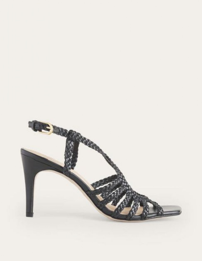 Black Women's Boden Woven Multistrap Heeled Sandals | 08546ADBZ