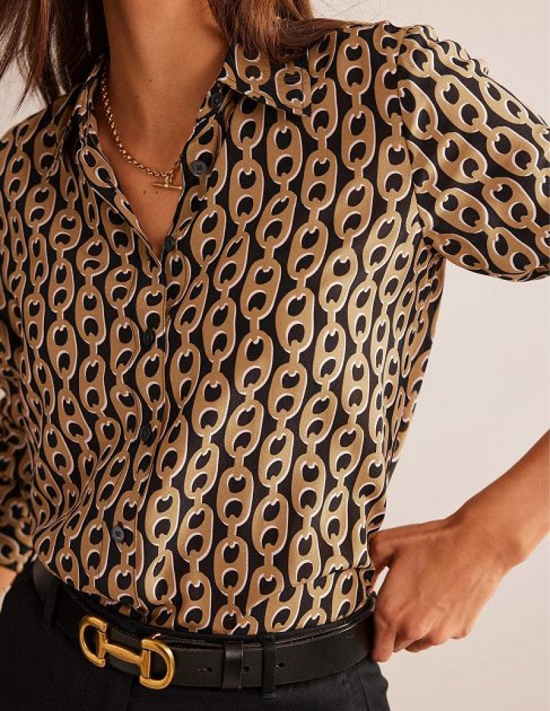 Black / Brown Women's Boden Sienna Silk Shirts | 75390CLQP