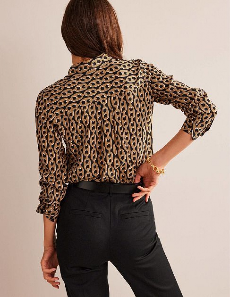 Black / Brown Women's Boden Sienna Silk Shirts | 75390CLQP