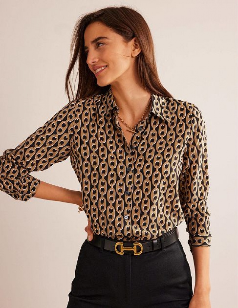 Black / Brown Women\'s Boden Sienna Silk Shirts | 75390CLQP