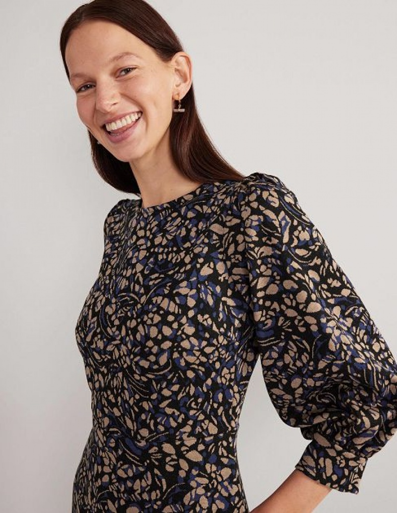 Black / Navy Women's Boden Blouson Sleeve Jacquard Dress | 57918WBDZ