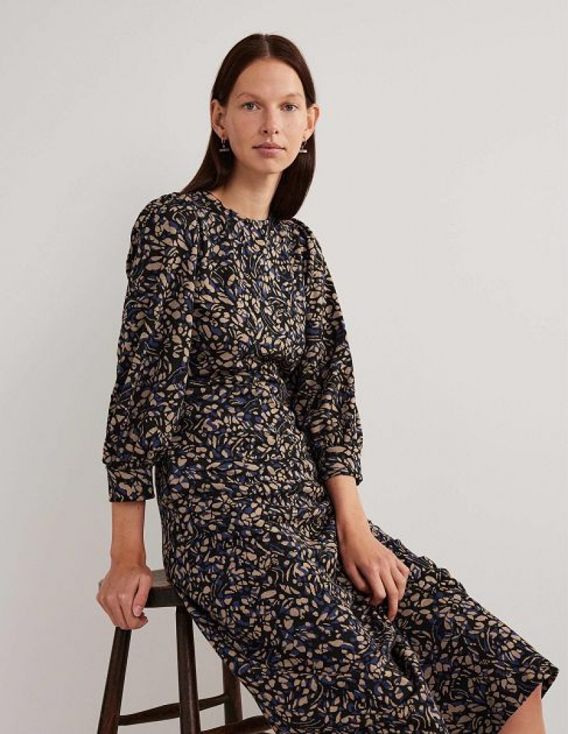 Black / Navy Women's Boden Blouson Sleeve Jacquard Dress | 57918WBDZ