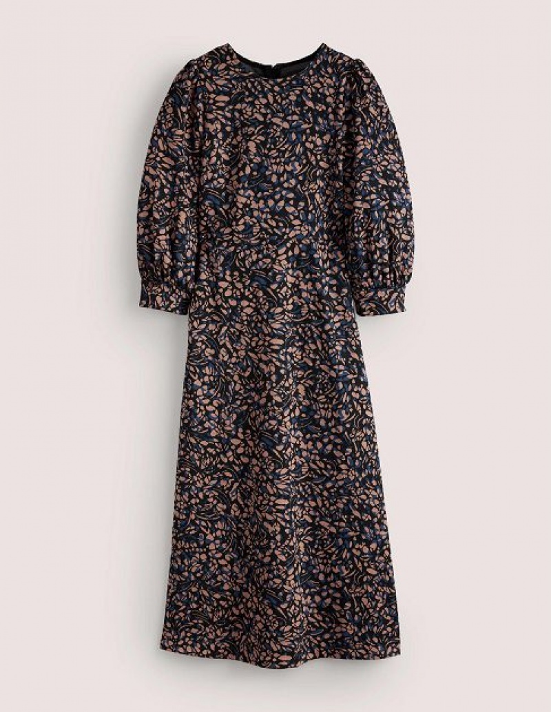 Black / Navy Women's Boden Blouson Sleeve Jacquard Dress | 57918WBDZ