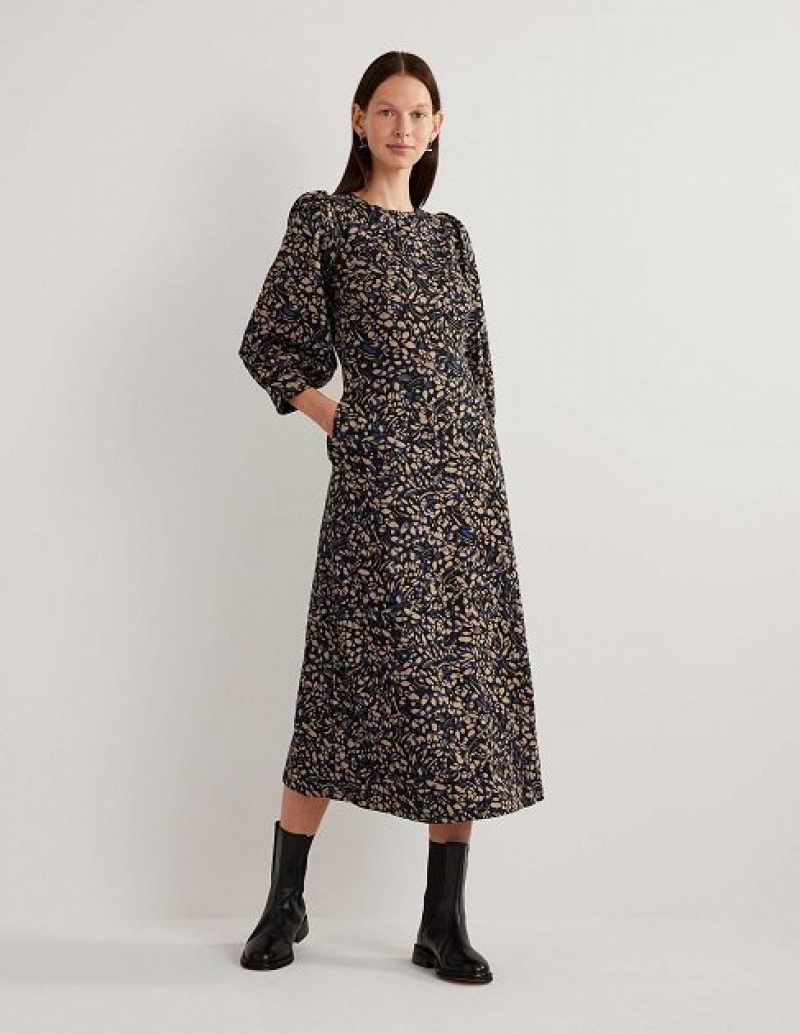 Black / Navy Women\'s Boden Blouson Sleeve Jacquard Dress | 57918WBDZ