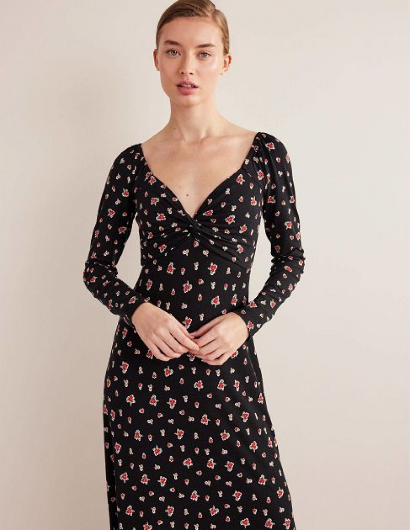 Black / Rose Women's Boden Sweetheart Jersey Midi Dress | 14658DYXF