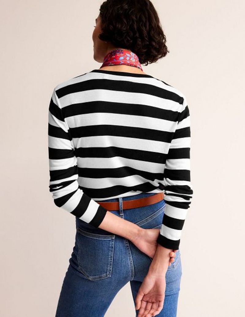 Black / White Women's Boden Tamsin Long Sleeve Tops | 07125GUWD