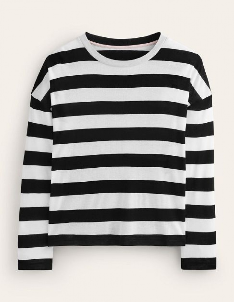 Black / White Women's Boden Tamsin Long Sleeve Tops | 07125GUWD