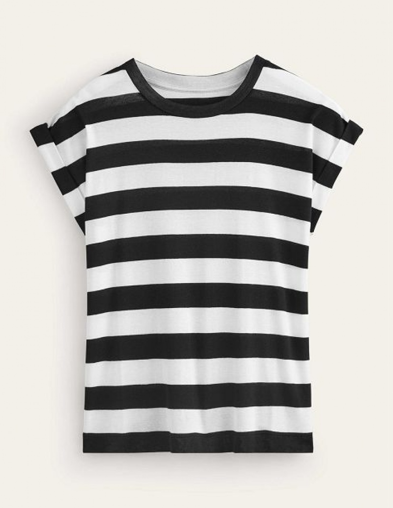 Black / White Women's Boden Tamsin Short Sleeve Tops | 64580RXWZ