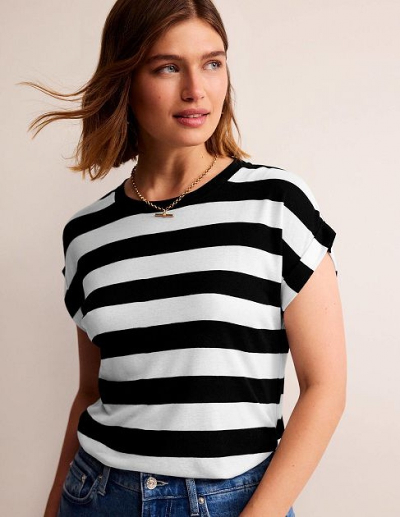 Black / White Women\'s Boden Tamsin Short Sleeve Tops | 64580RXWZ