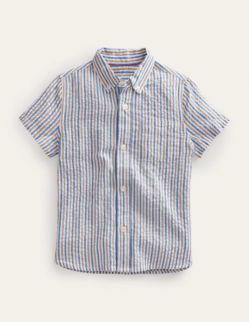 Blue Brown Stripes Kids' Boden Seersucker Shirts | 05421VJRY