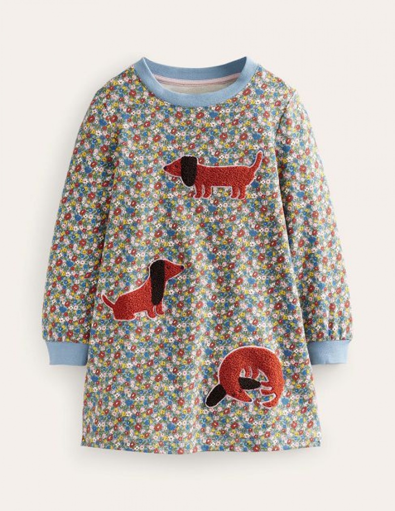 Blue Flower Kids' Boden Appliqué Sweat Shirt Dress | 38419TAUC