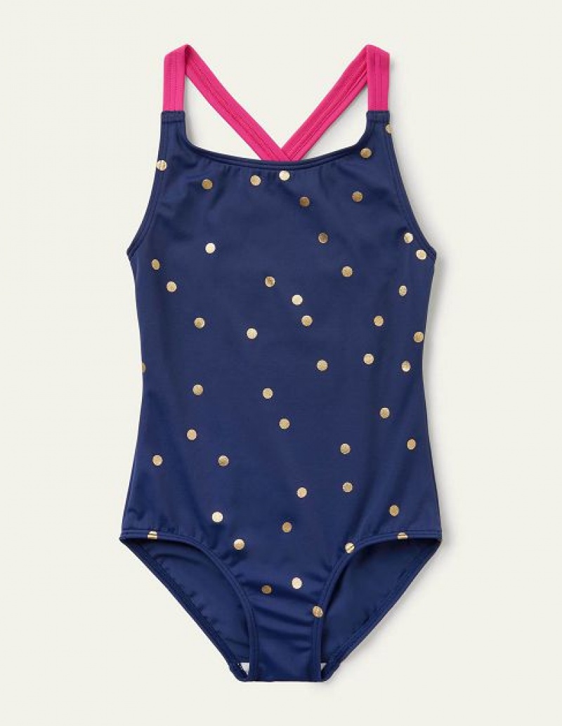 Blue Gold Kids\' Boden Cross-back Printed Swimsuit | 68174PBRQ