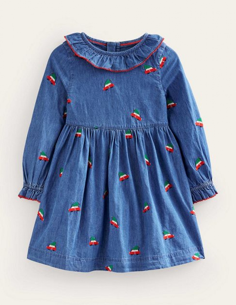 Blue Kids' Boden Embroidered Festive Dress | 79410WULE