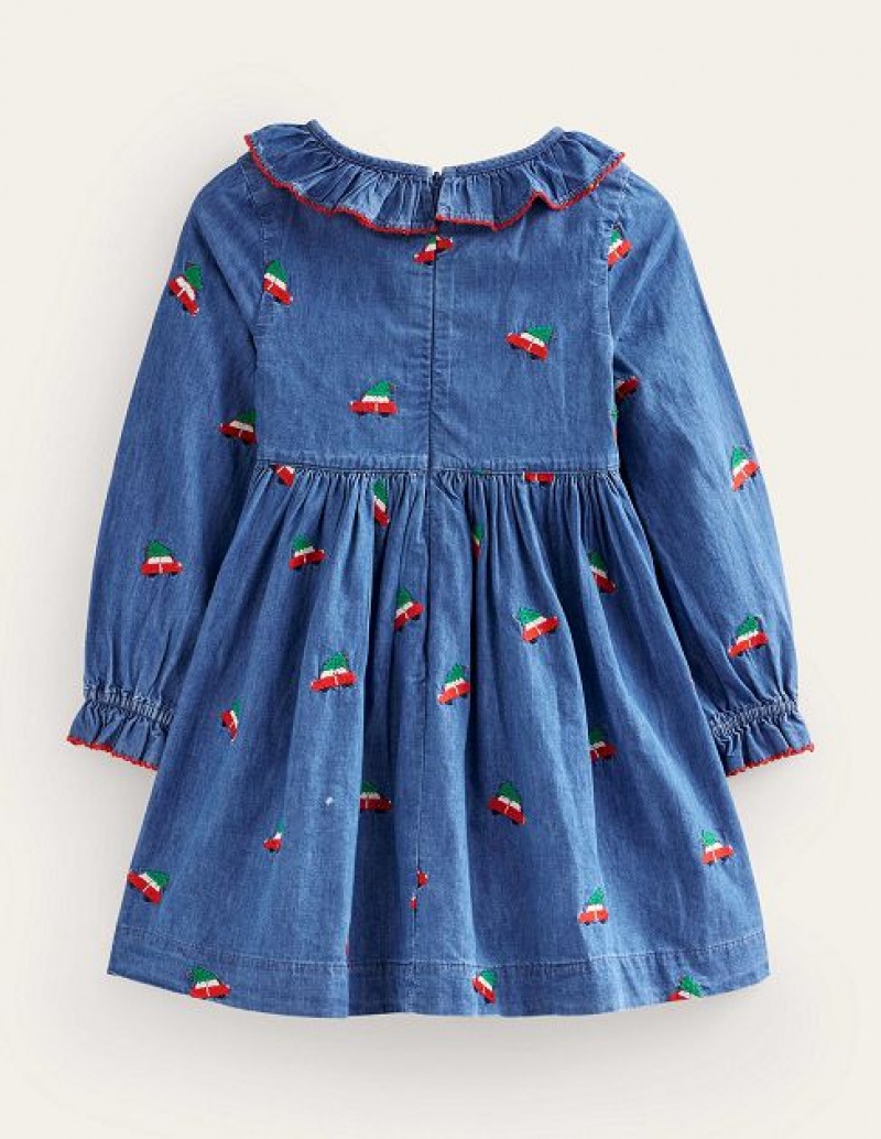 Blue Kids' Boden Embroidered Festive Dress | 79410WULE