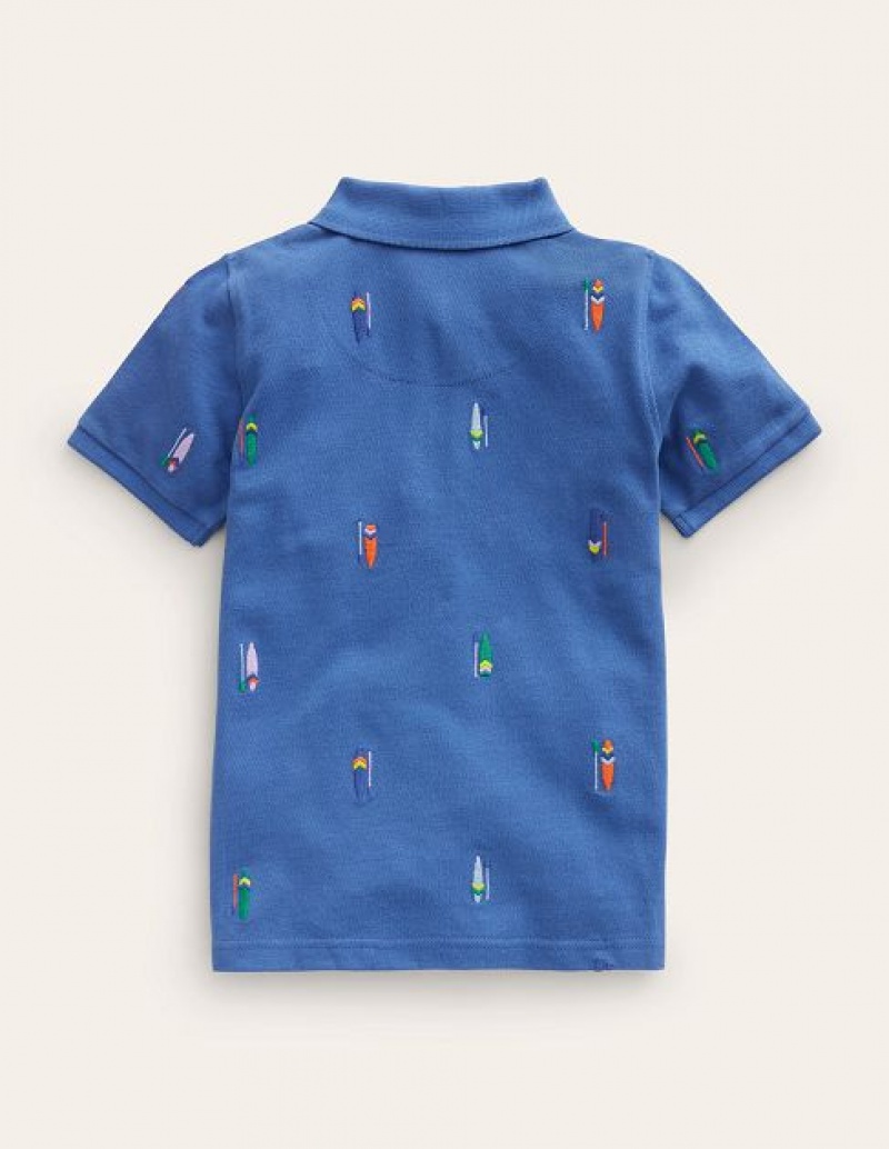 Blue Kids' Boden Embroidered Piqué Polo Shirts | 62974UXVP