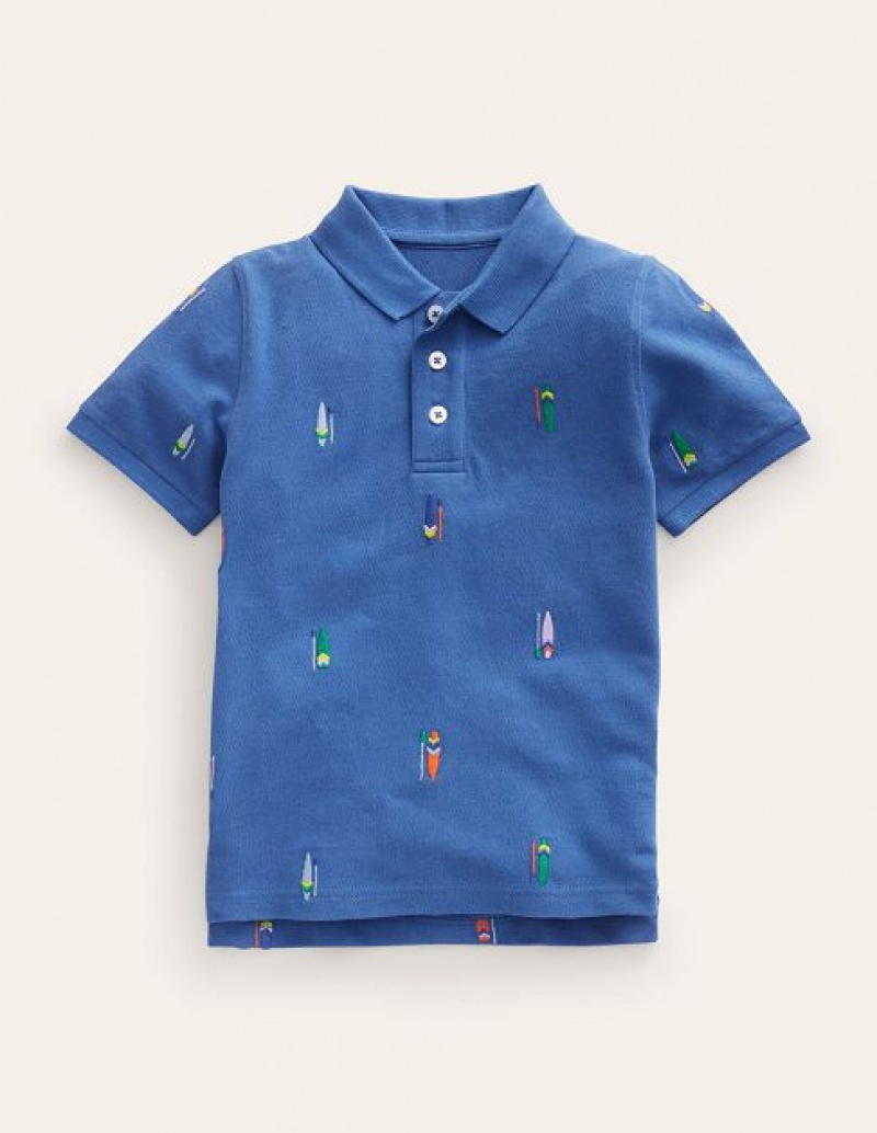 Blue Kids\' Boden Embroidered Piqué Polo Shirts | 62974UXVP