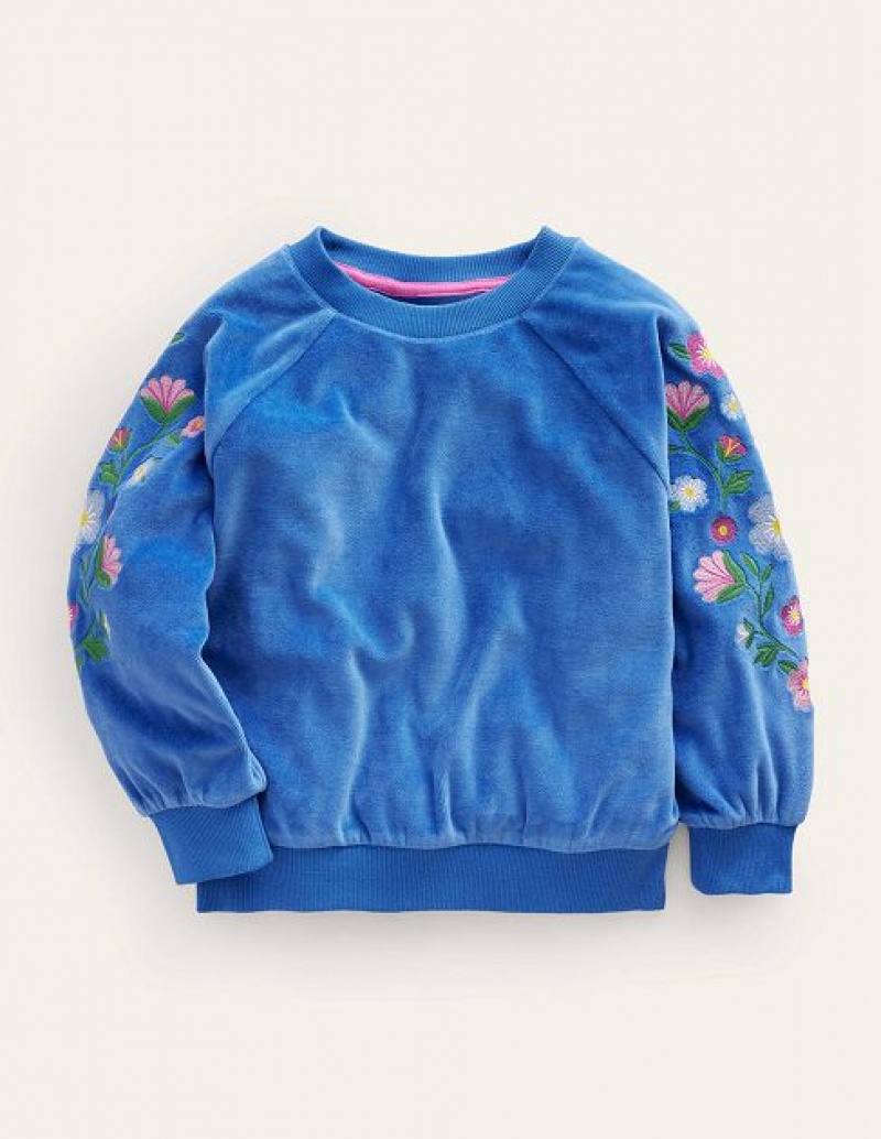 Blue Kids' Boden Embroidered Velour Sweaters | 24098JSGW