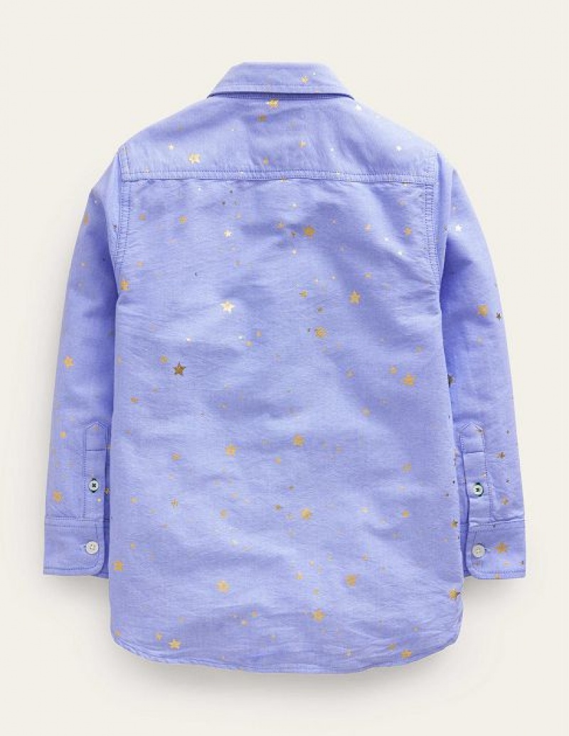 Blue Kids' Boden Foil Printed Oxford Shirts | 98435QSKC