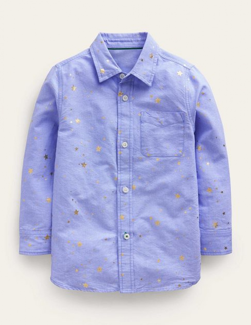 Blue Kids\' Boden Foil Printed Oxford Shirts | 98435QSKC