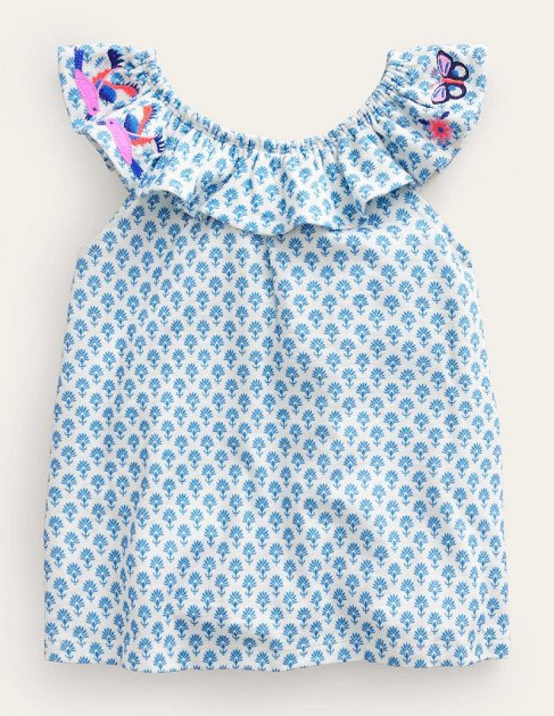 Blue Kids' Boden Frill Embroidered Tops | 56928RQCL