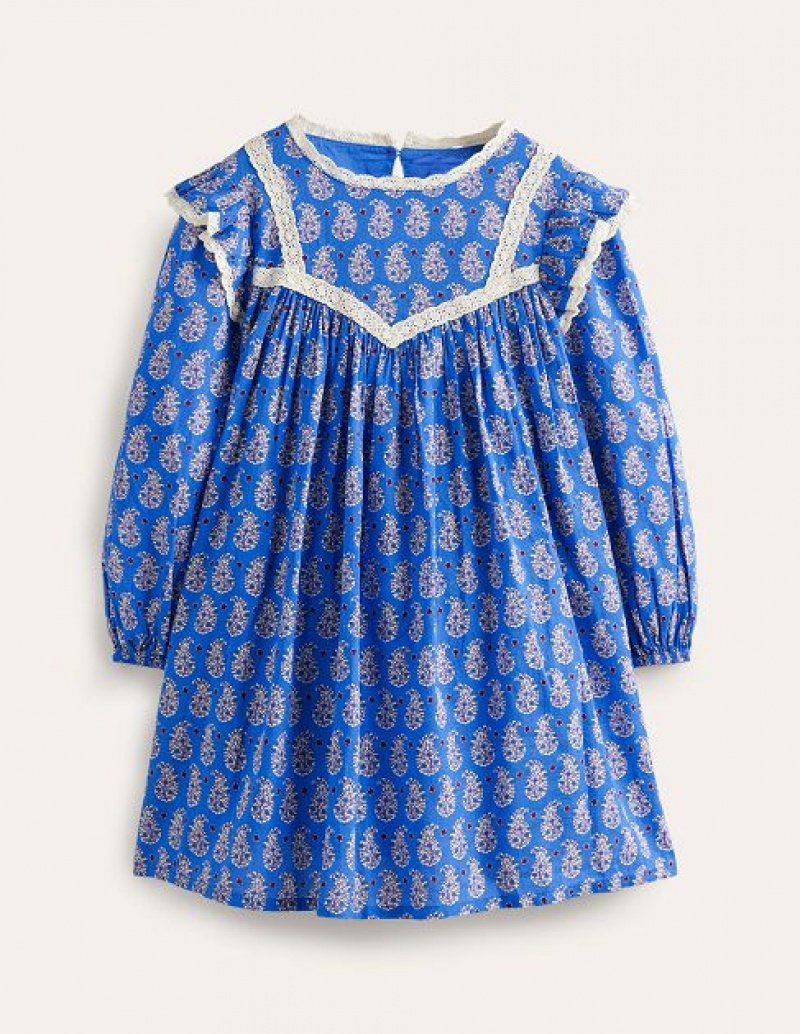 Blue Kids' Boden Lace Trim Printed Dress | 58942PICD