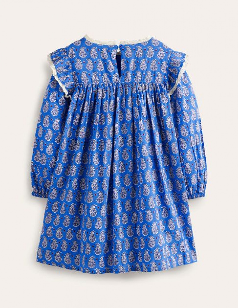 Blue Kids' Boden Lace Trim Printed Dress | 58942PICD