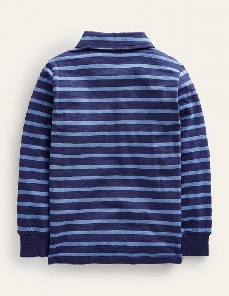 Blue Kids' Boden Stripe Long Sleeve Slub Polo Shirts | 43890MYOV