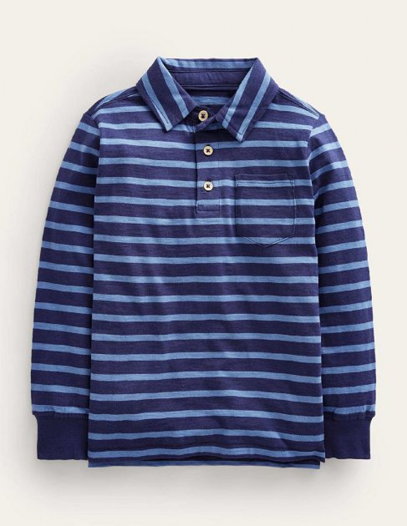 Blue Kids\' Boden Stripe Long Sleeve Slub Polo Shirts | 43890MYOV