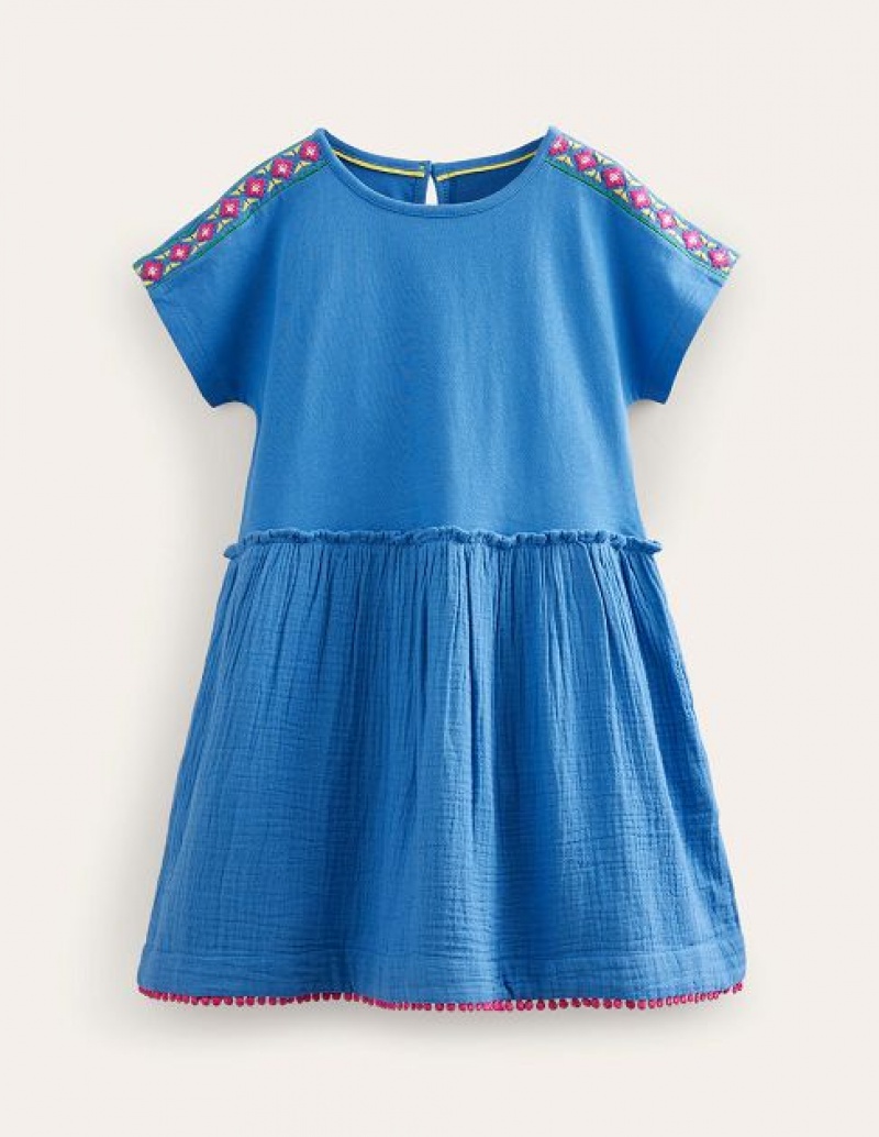 Blue Kids\' Boden Woven Mix Texture Dress | 95428YHUF