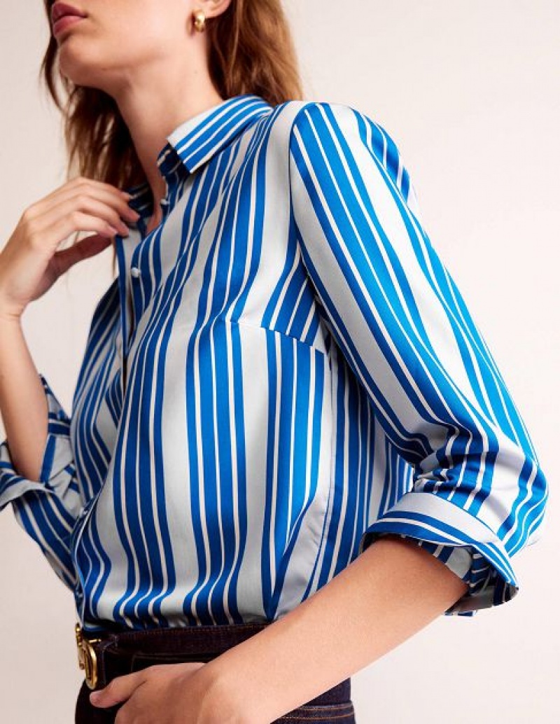 Blue Stripes Women's Boden Easy Straight Fit Shirts | 01734GPTL