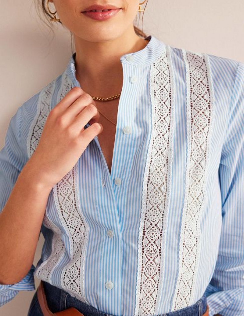 Blue Stripes Women's Boden Lace-panelled Poplin Shirts | 37416WFBV