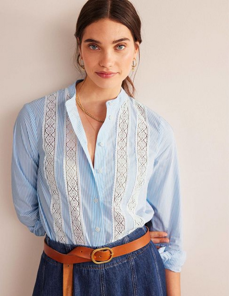 Blue Stripes Women's Boden Lace-panelled Poplin Shirts | 37416WFBV