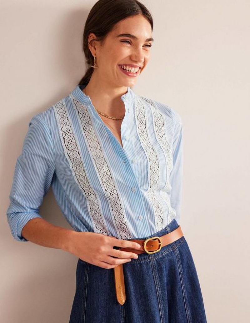 Blue Stripes Women\'s Boden Lace-panelled Poplin Shirts | 37416WFBV