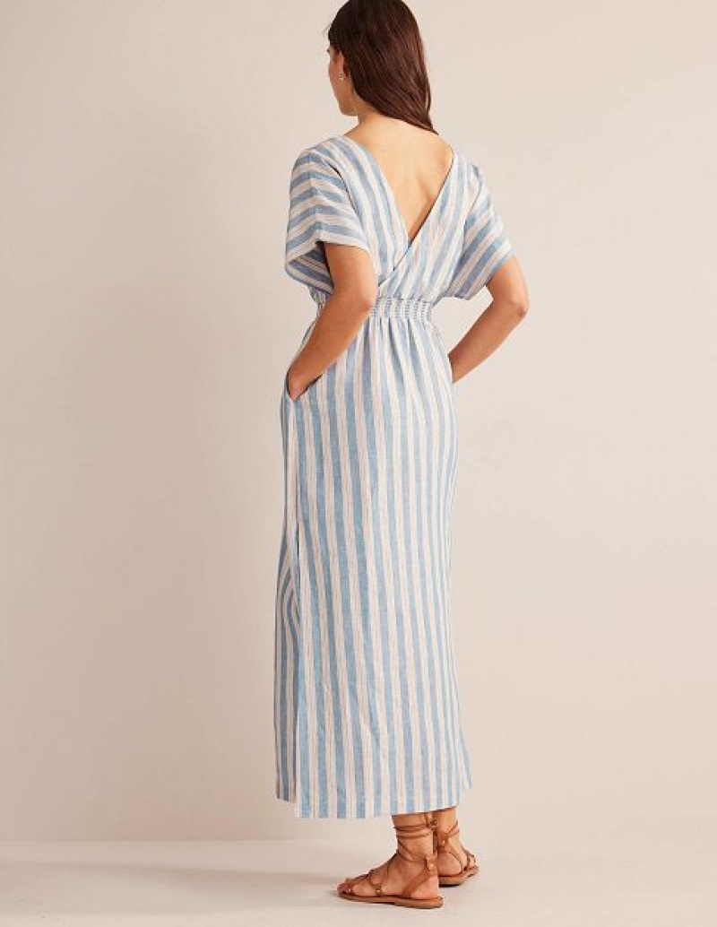 Blue Stripes Women's Boden Linen Kaftan Maxi Dress | 98072OIJE